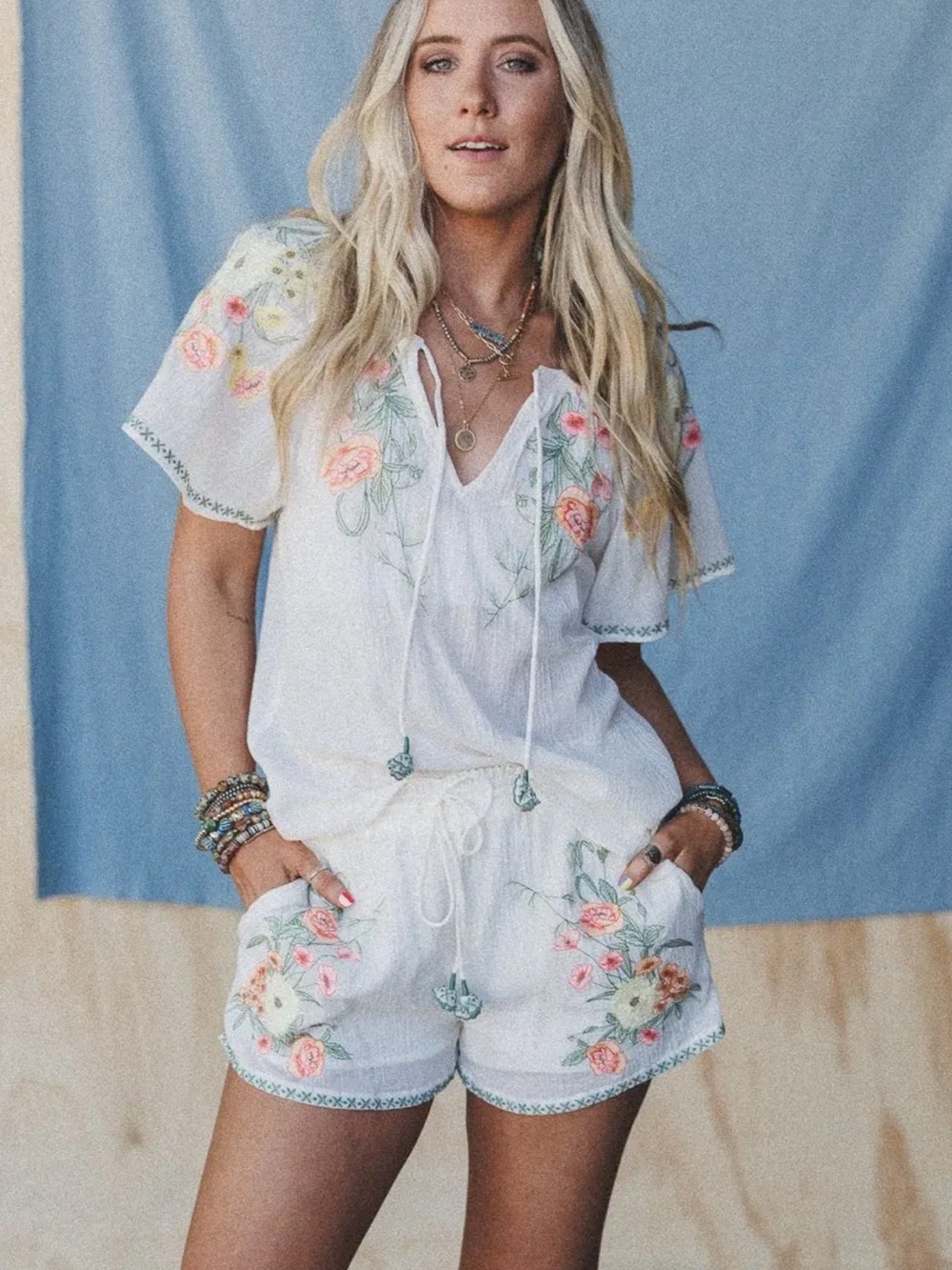Three Bird Nest Perrin Floral White Embroidered Floral Two-Piece Set